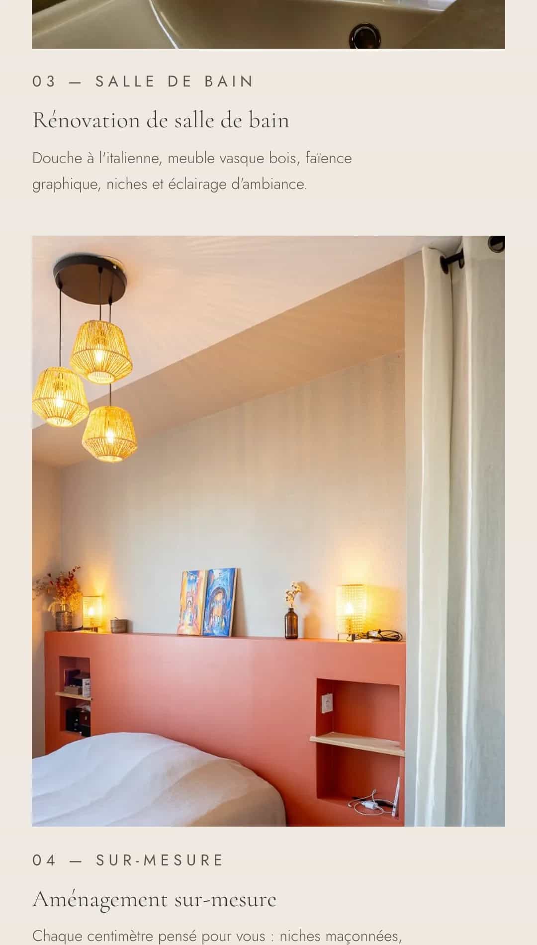 Section 04 « Aménagement sur-mesure » du site APN Design, chambre avec tête de lit maçonnée
