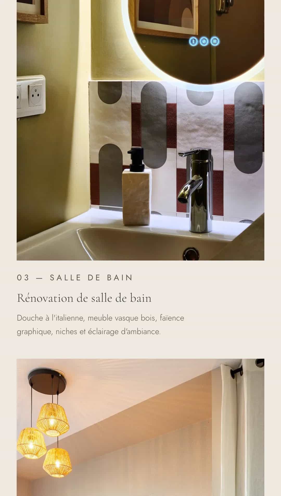 Section 03 « Salle de bain » du site APN Design, photo de vasque et faïence graphique