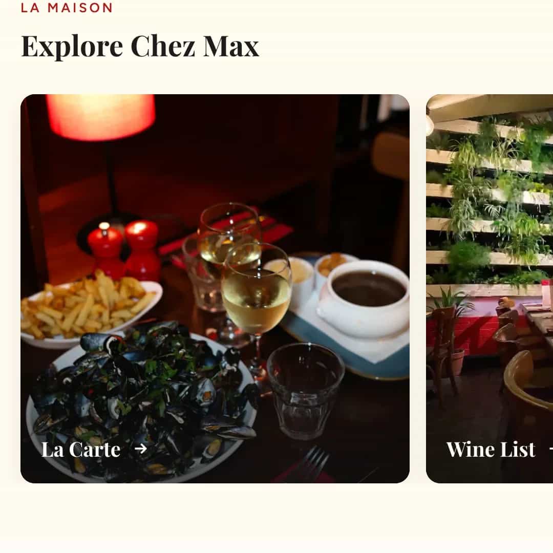 Section « Explore Chez Max » de l'accueil, vignettes La Carte et Wine List