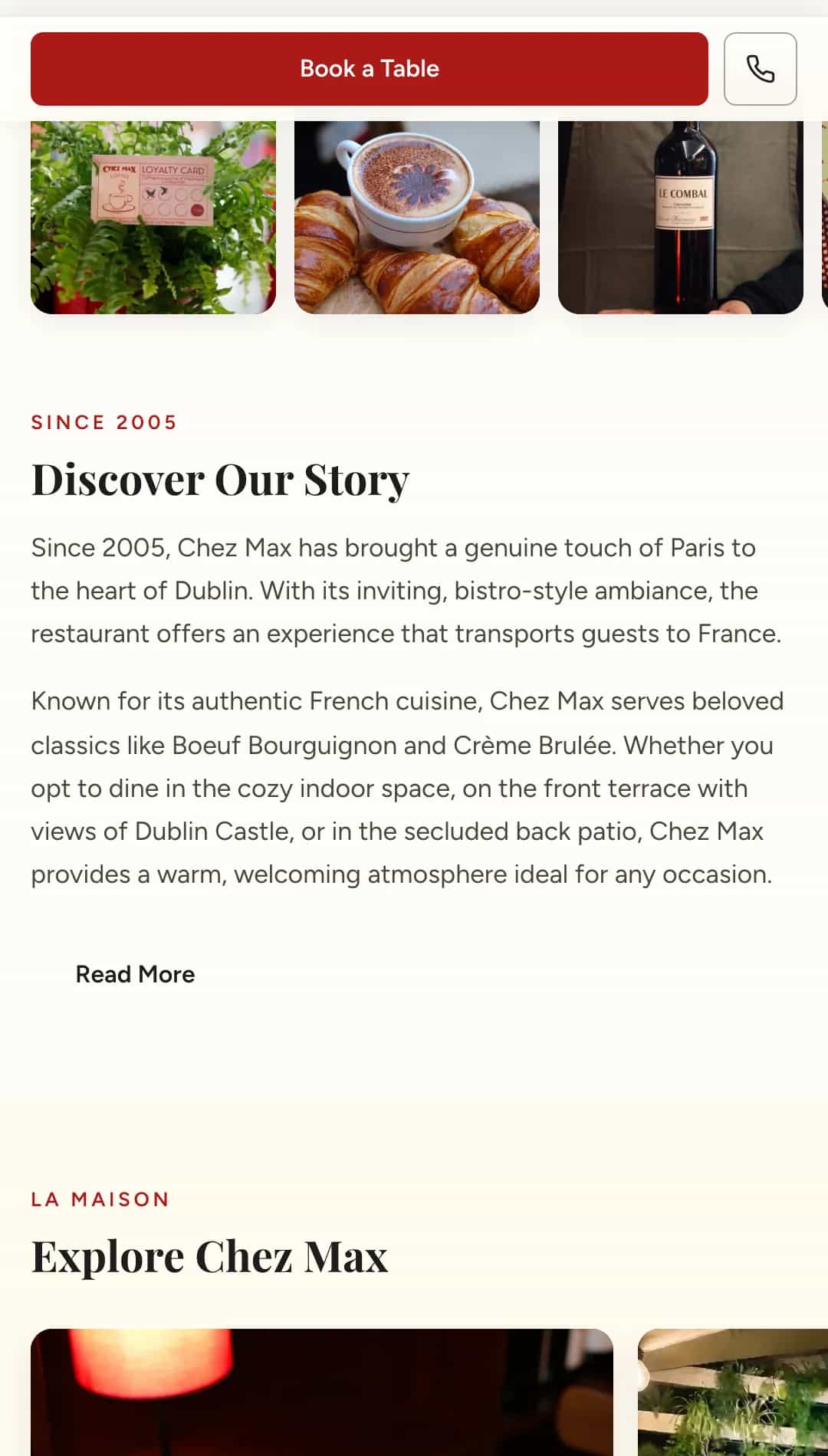 Section « Discover Our Story » de l'accueil Chez Max avec trois vignettes photo