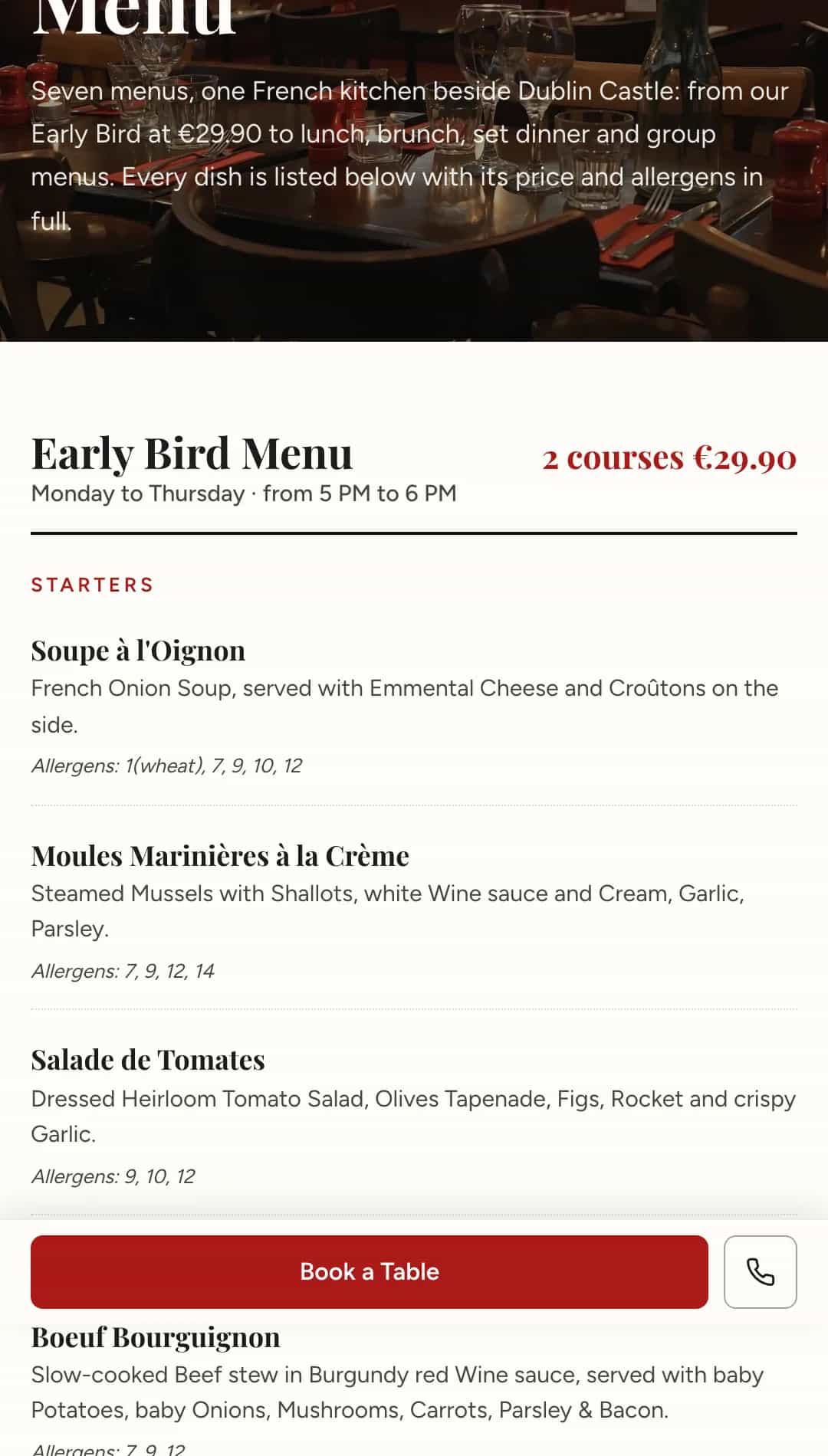Page Menu de Chez Max, sept menus détaillés avec prix et allergènes