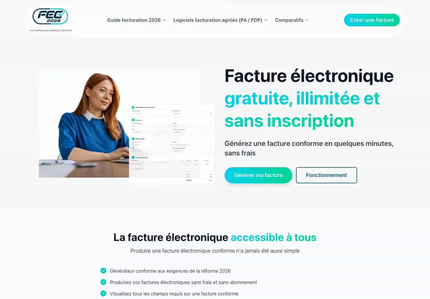 Accueil du site Facture électronique, titre « Facture électronique gratuite, illimitée et sans inscription »