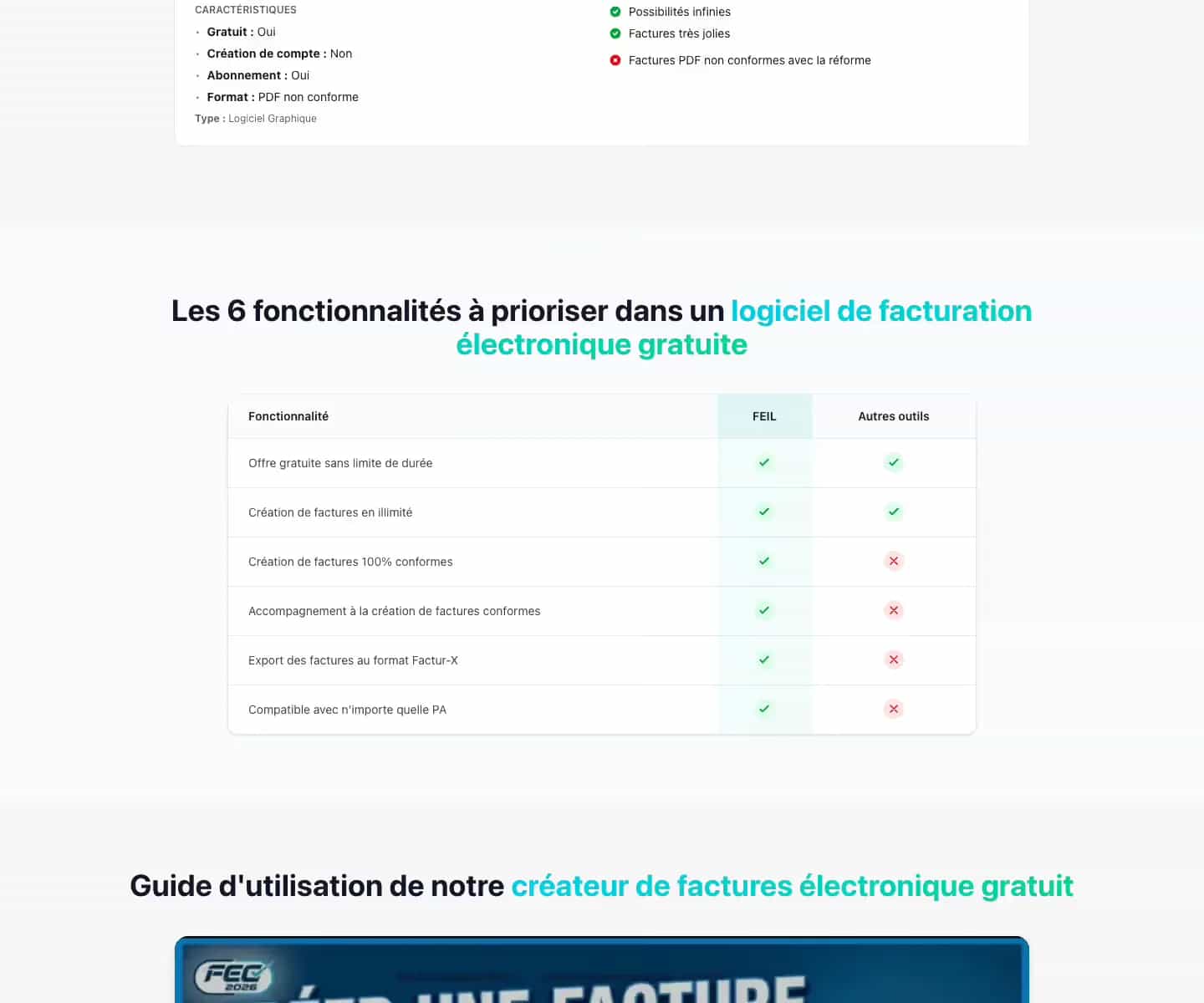 Suite de la page d'accueil du site Facture électronique