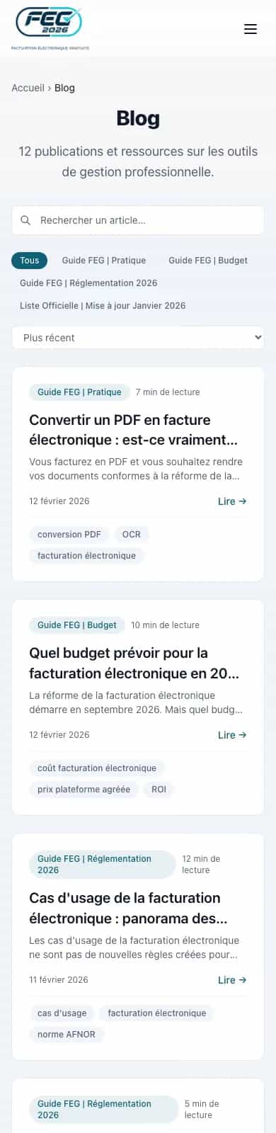 Page de rubrique du site Facture électronique sur mobile