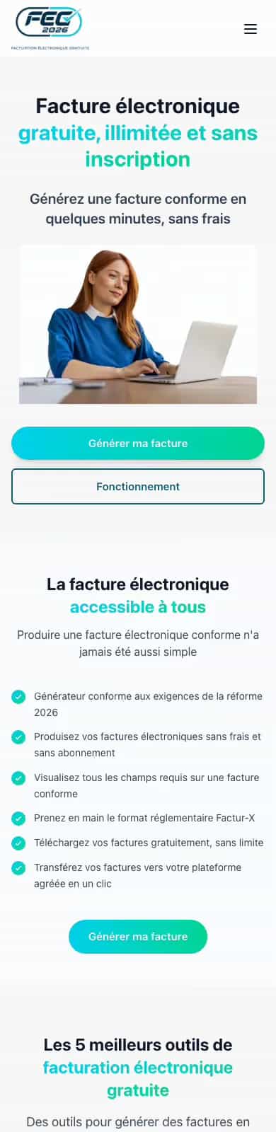 Accueil du site Facture électronique sur mobile
