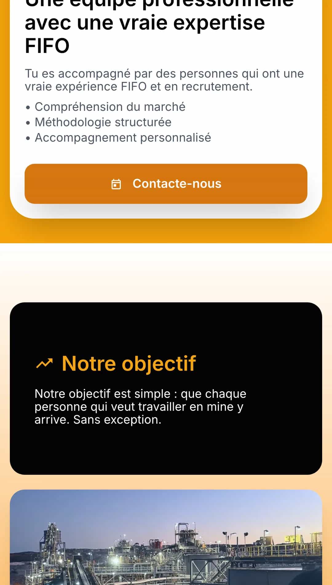 Section « Notre objectif » du site Fifoready sur fond de site industriel