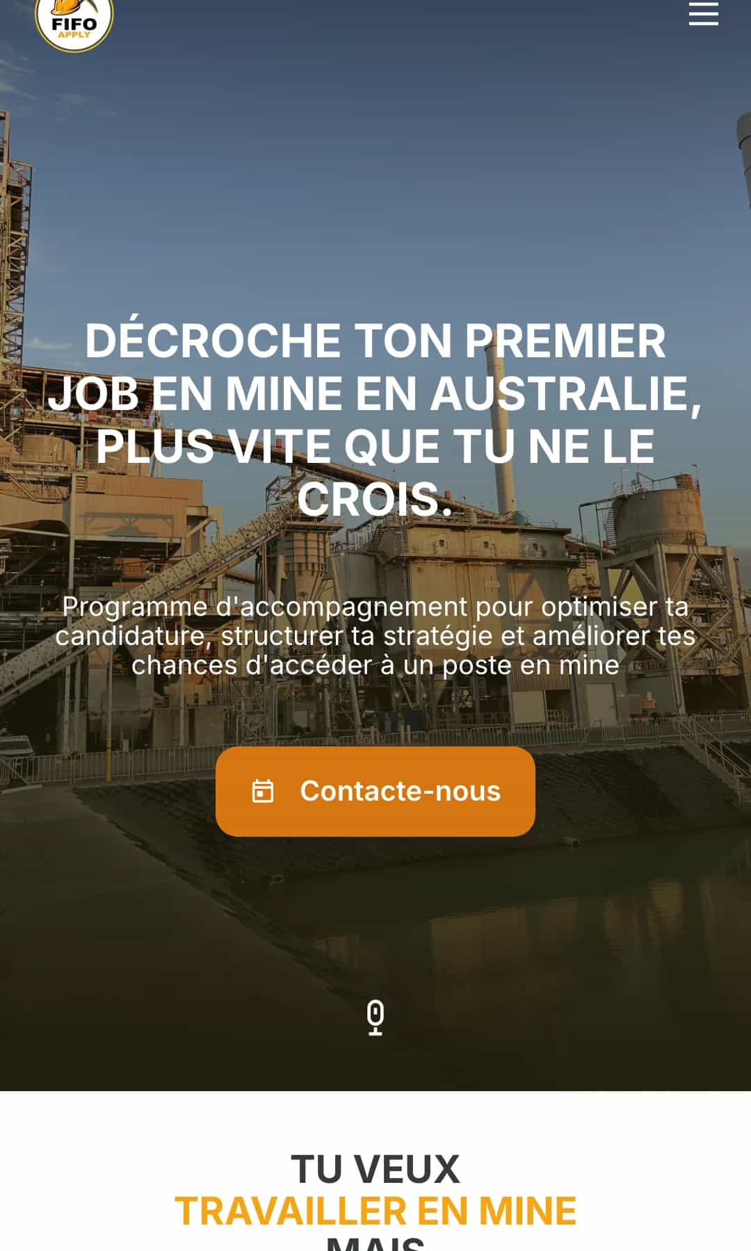 Accueil Fifoready, accroche « Décroche ton premier job en mine en Australie » sur une photo de site minier