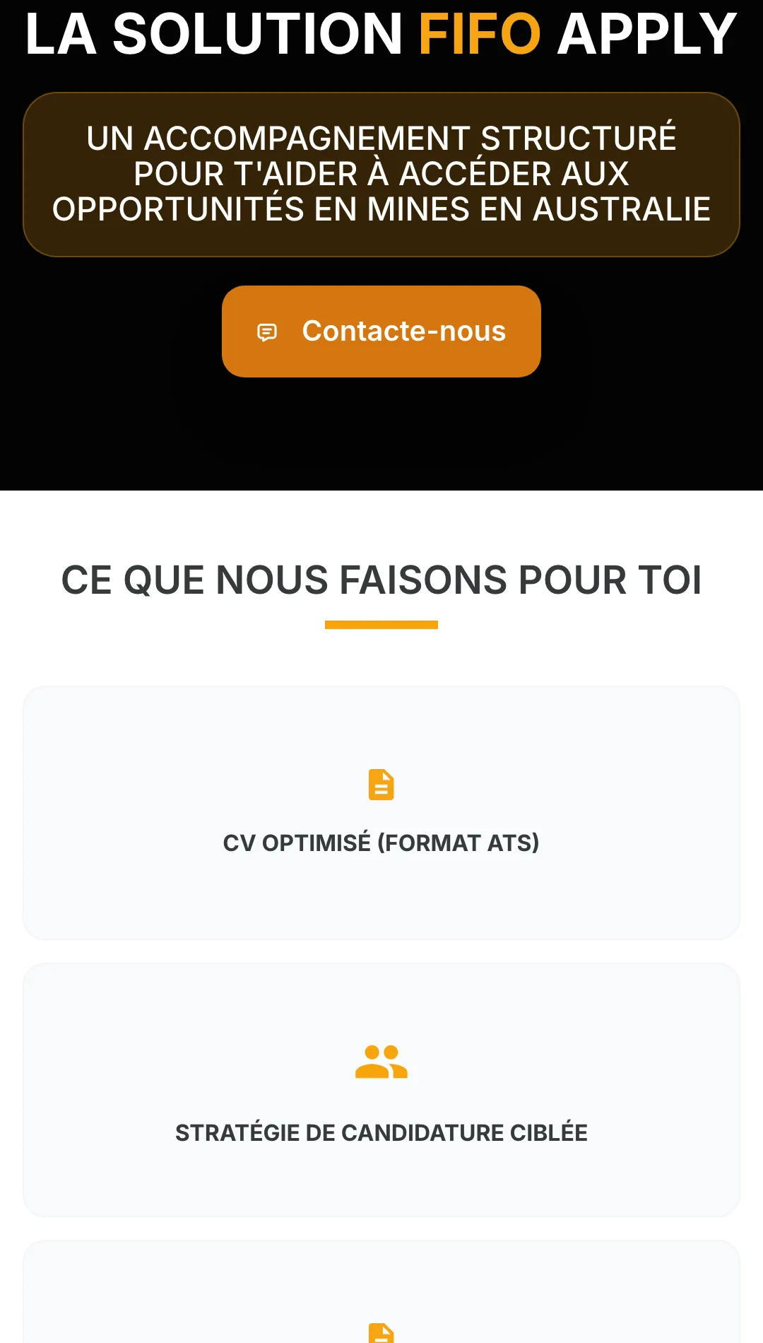 Section « La solution Fifo Apply » listant CV optimisé, stratégie ciblée et suivi