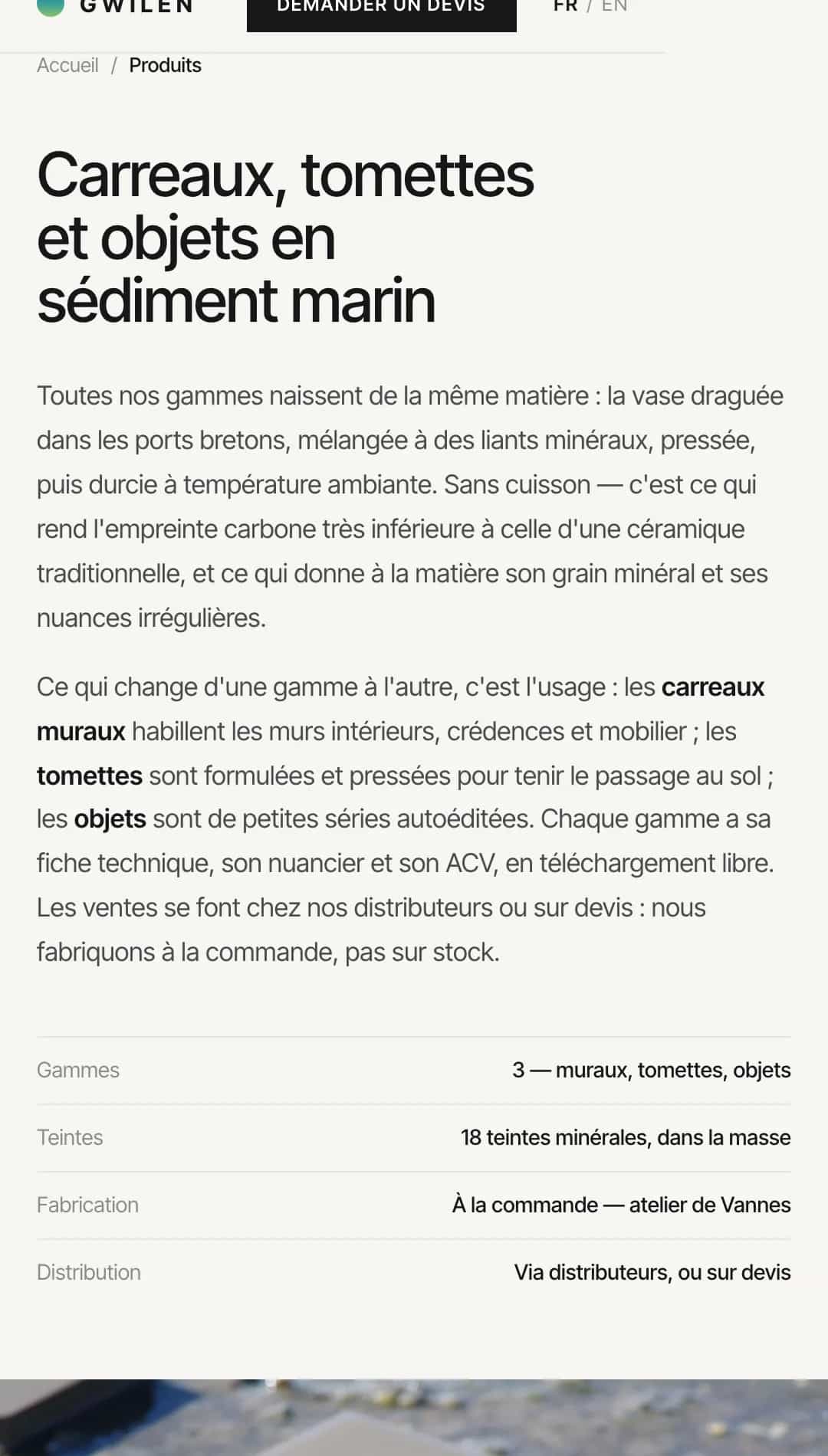 Page Produits de Gwilen avec le tableau de synthèse gammes, teintes, fabrication et distribution