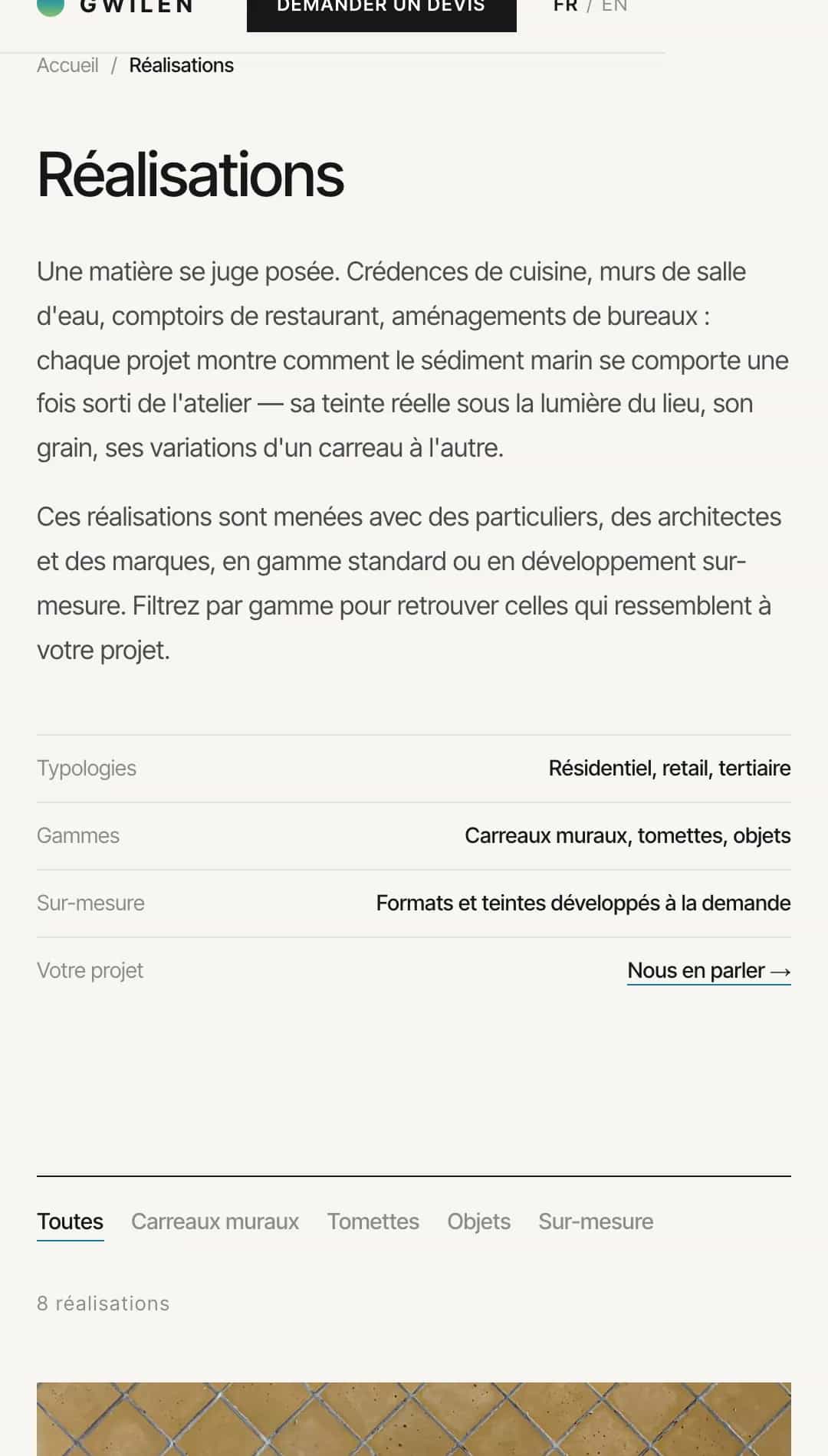 Page Réalisations de Gwilen avec les filtres par gamme et le compteur de projets