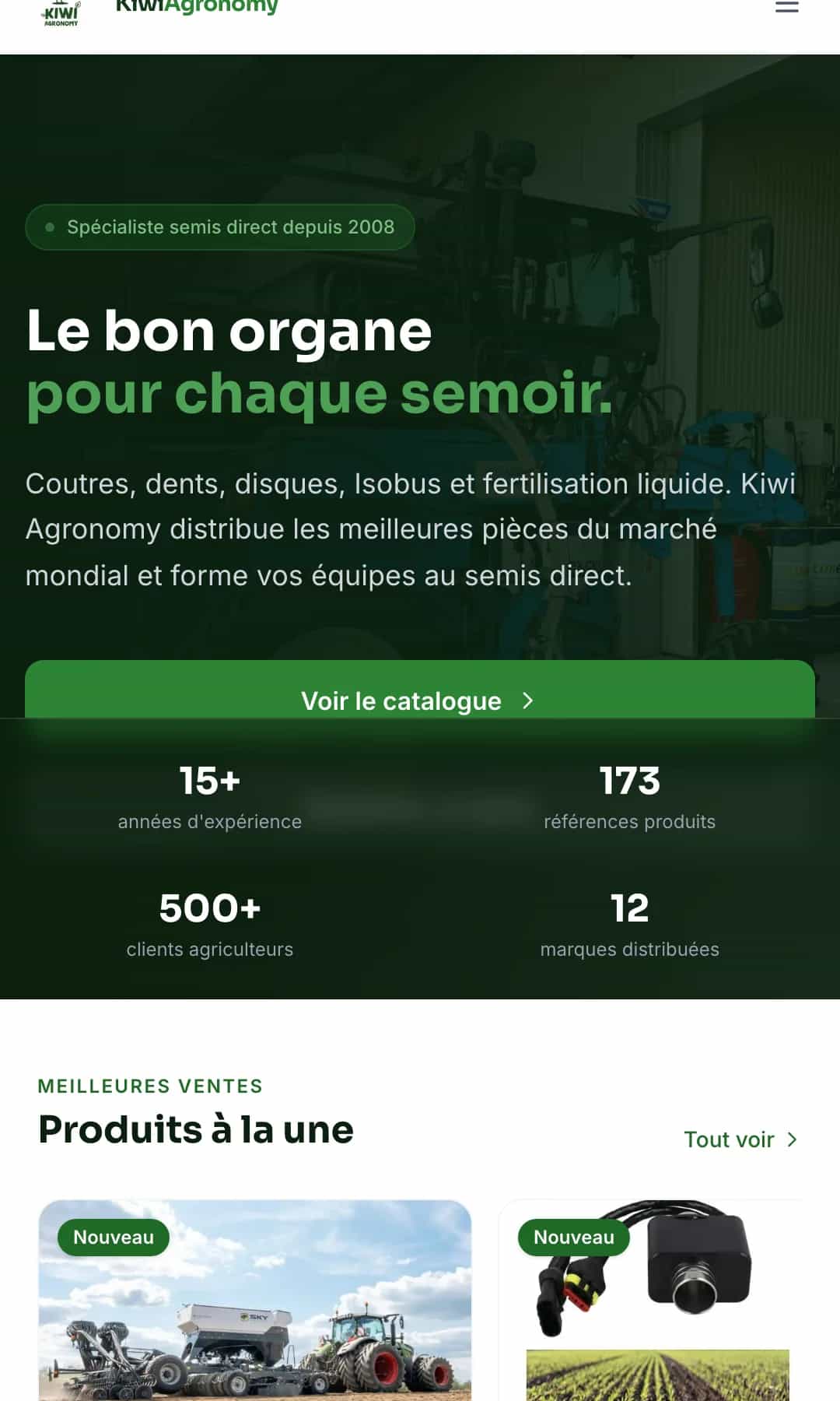 Accueil Kiwi Agronomy, titre « Le bon organe pour chaque semoir » et chiffres clés