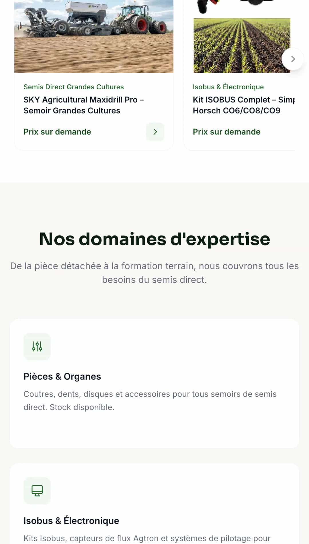 Section « Produits à la une » de Kiwi Agronomy avec vignettes de pièces et badges Nouveau