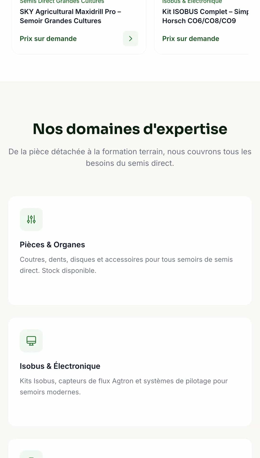 Section « Nos domaines d'expertise » de Kiwi Agronomy : pièces et organes, Isobus et électronique
