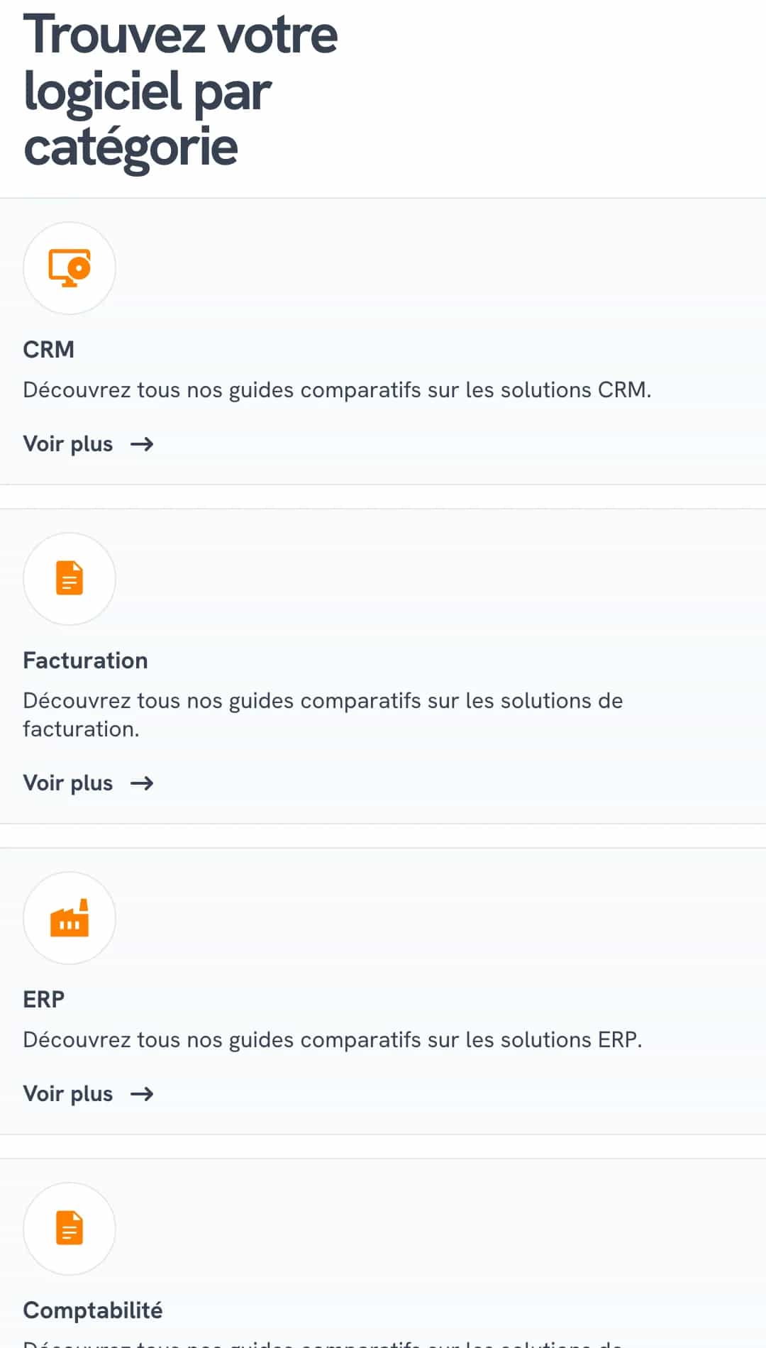Bloc « Trouvez votre logiciel par catégorie » de Keltoola avec les entrées CRM, Facturation, ERP et Comptabilité