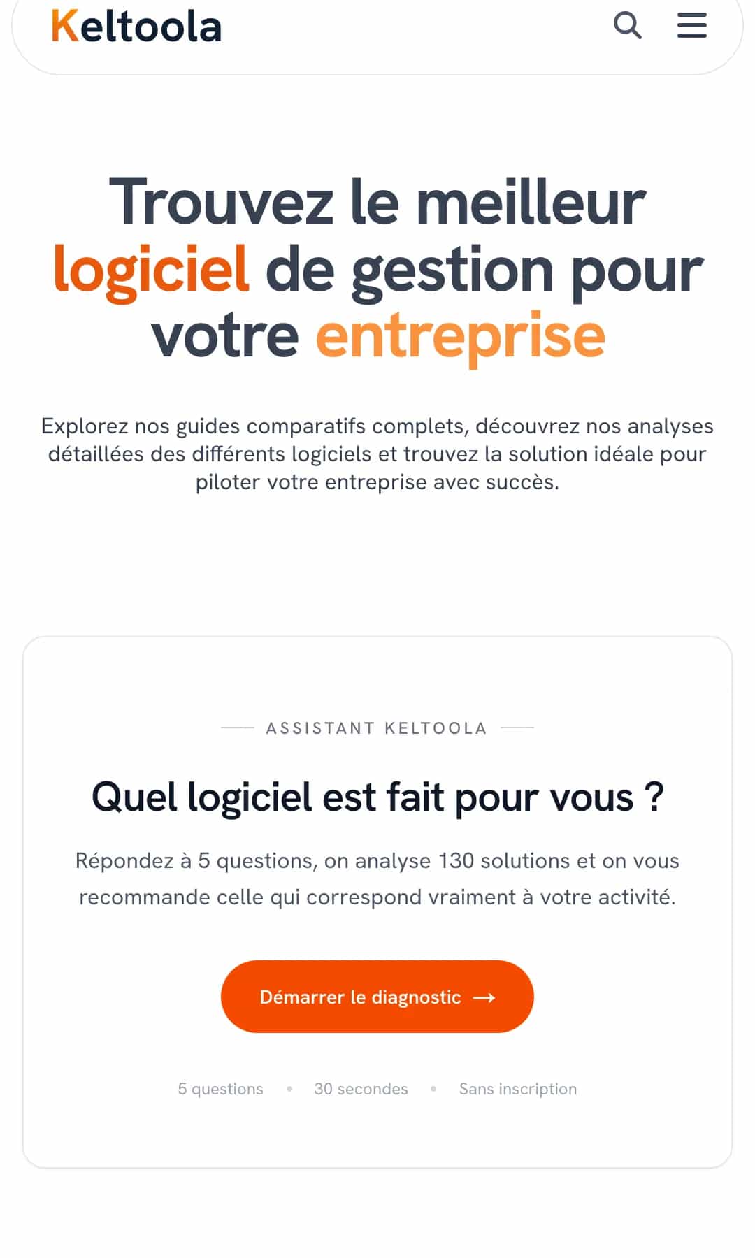 Accueil Keltoola sur mobile, titre « Trouvez le meilleur logiciel de gestion pour votre entreprise » et assistant de diagnostic
