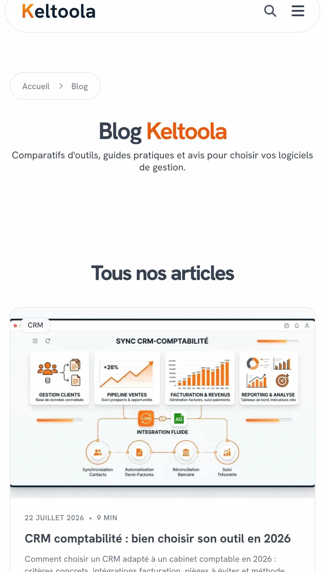 Page Blog Keltoola listant les articles avec vignettes et dates