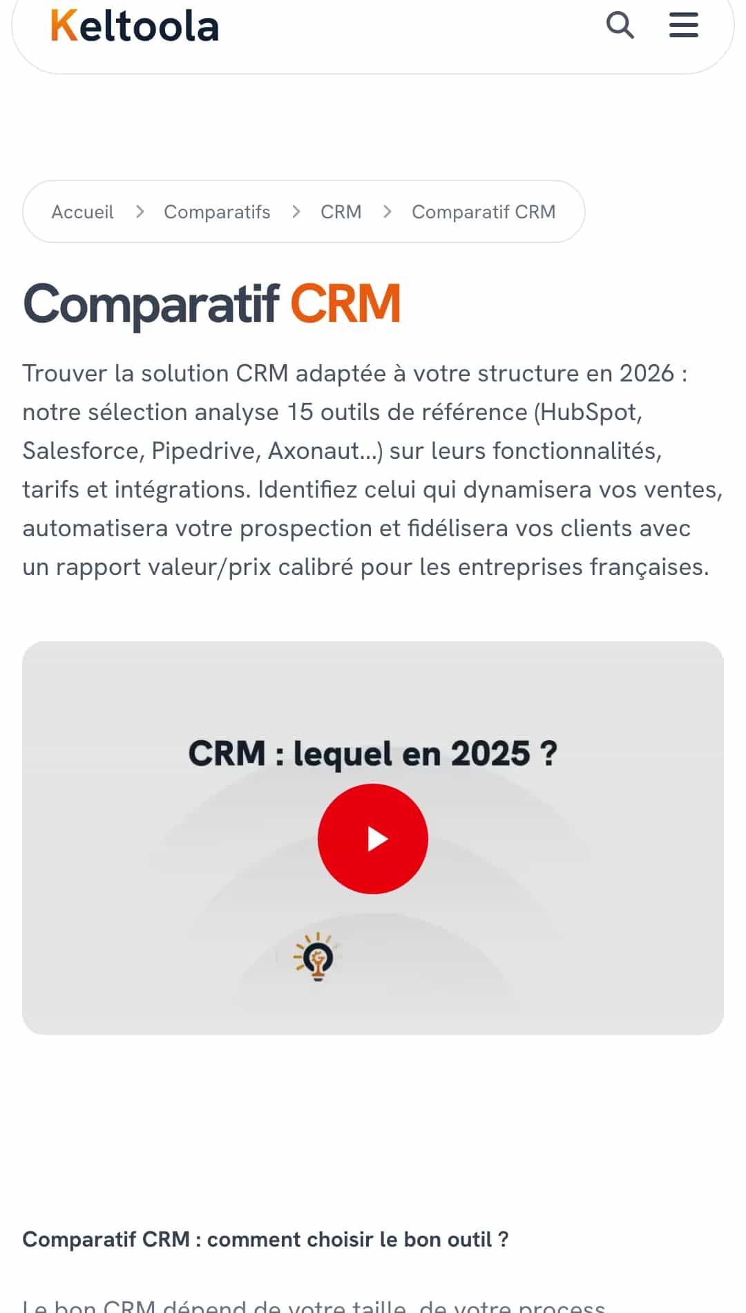 Page Comparatif CRM de Keltoola, fil d'ariane et introduction éditoriale