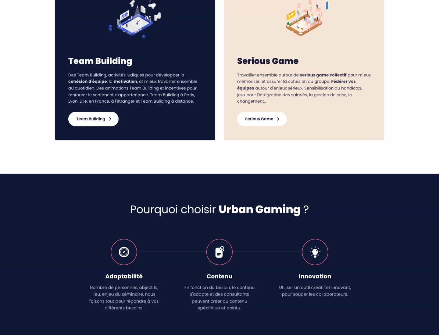 Section « Découvrez nos univers » d'Urban Gaming, cartes Team Building et Serious Game