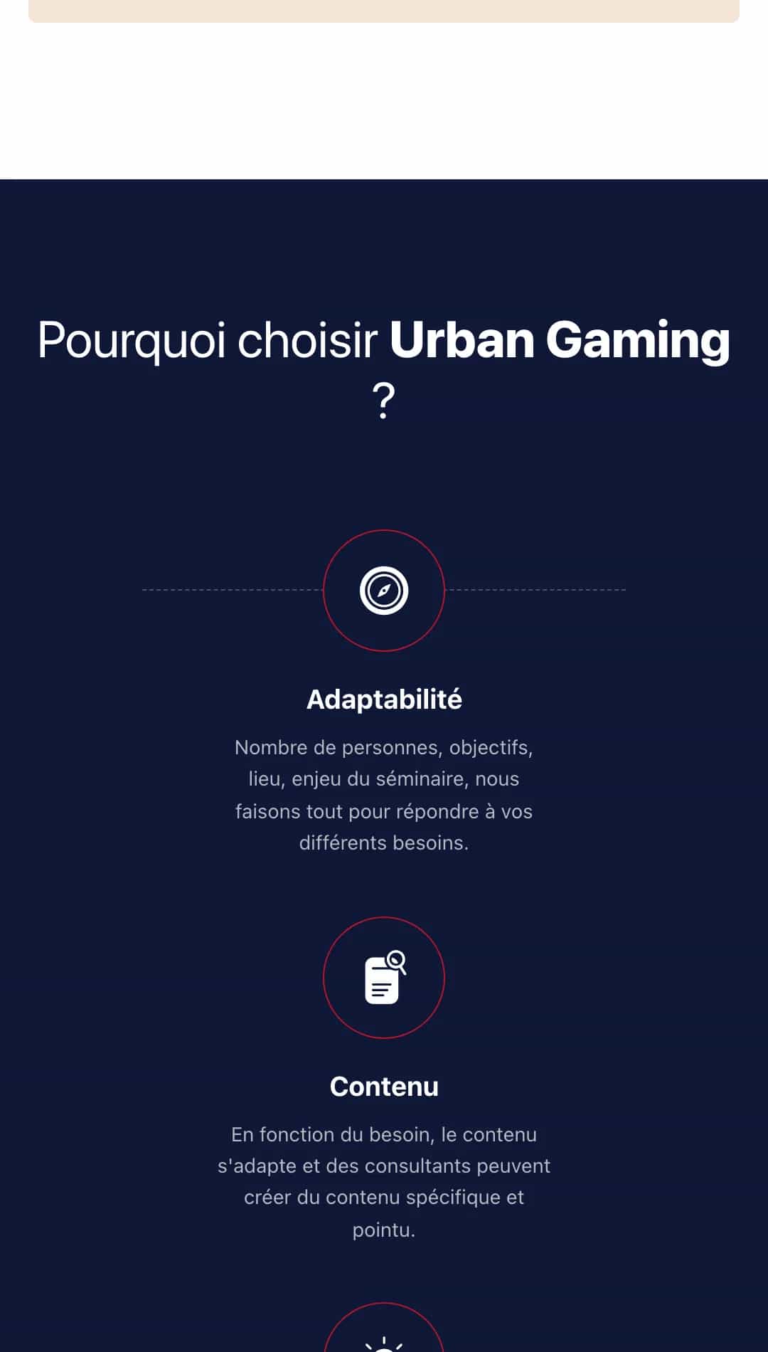 Section arguments d'Urban Gaming en version mobile