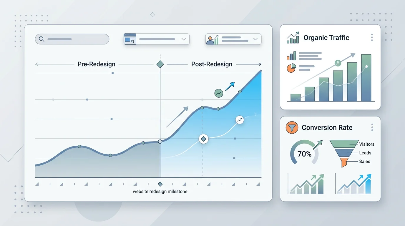 Web analytics dashboard showing organic traffic before and after a website redesign, annotated with key migration stages