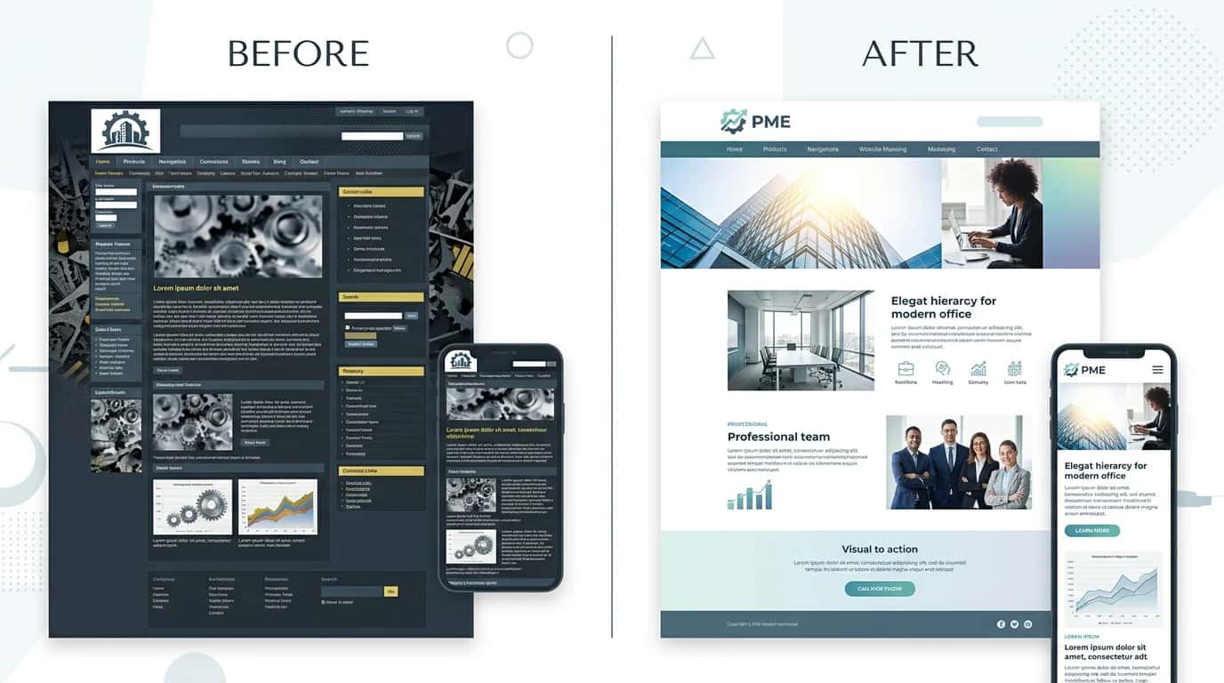 Side-by-side comparison of an SME website before redesign, with dated design and cluttered navigation, and after redesign, with clean mobile-optimised design