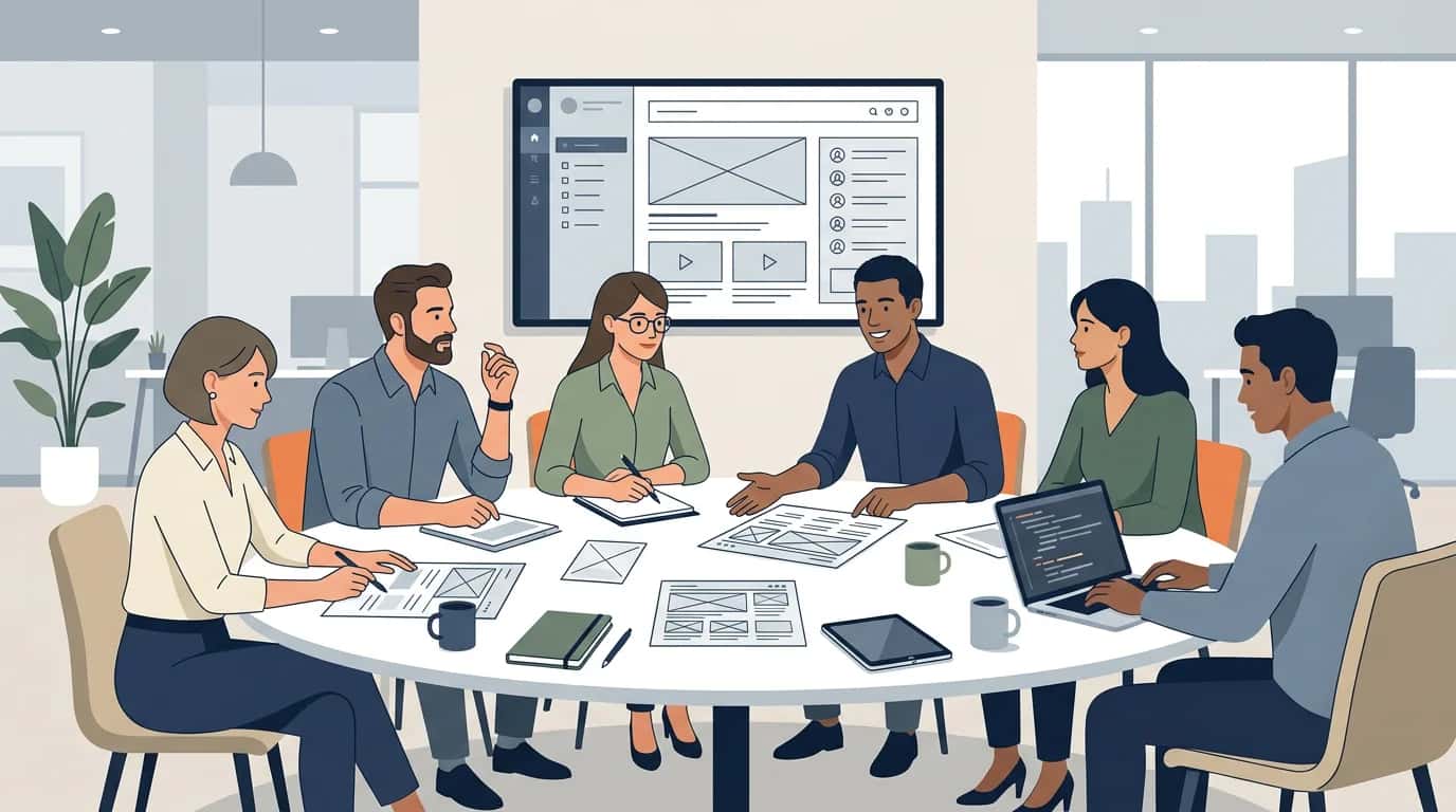 Web agency team at a project kick-off meeting around a table, with wireframes on a screen and paper mock-ups