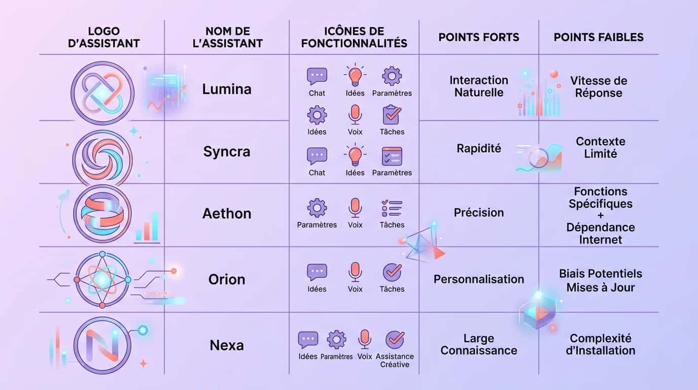 Comparison grid of seven AI assistant logos on a purple gradient, with feature icons