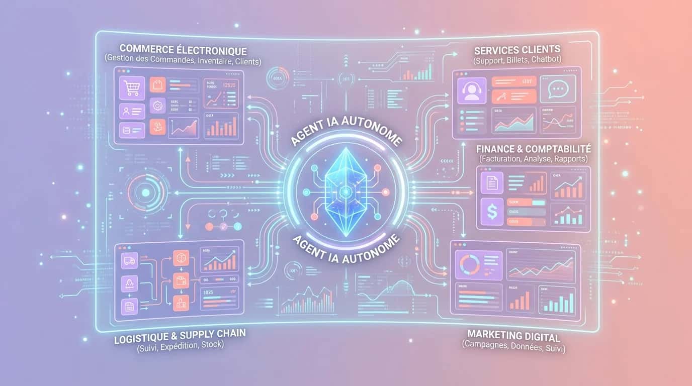 Futuristic diagram showing an autonomous AI agent connected to several business applications on a holographic screen