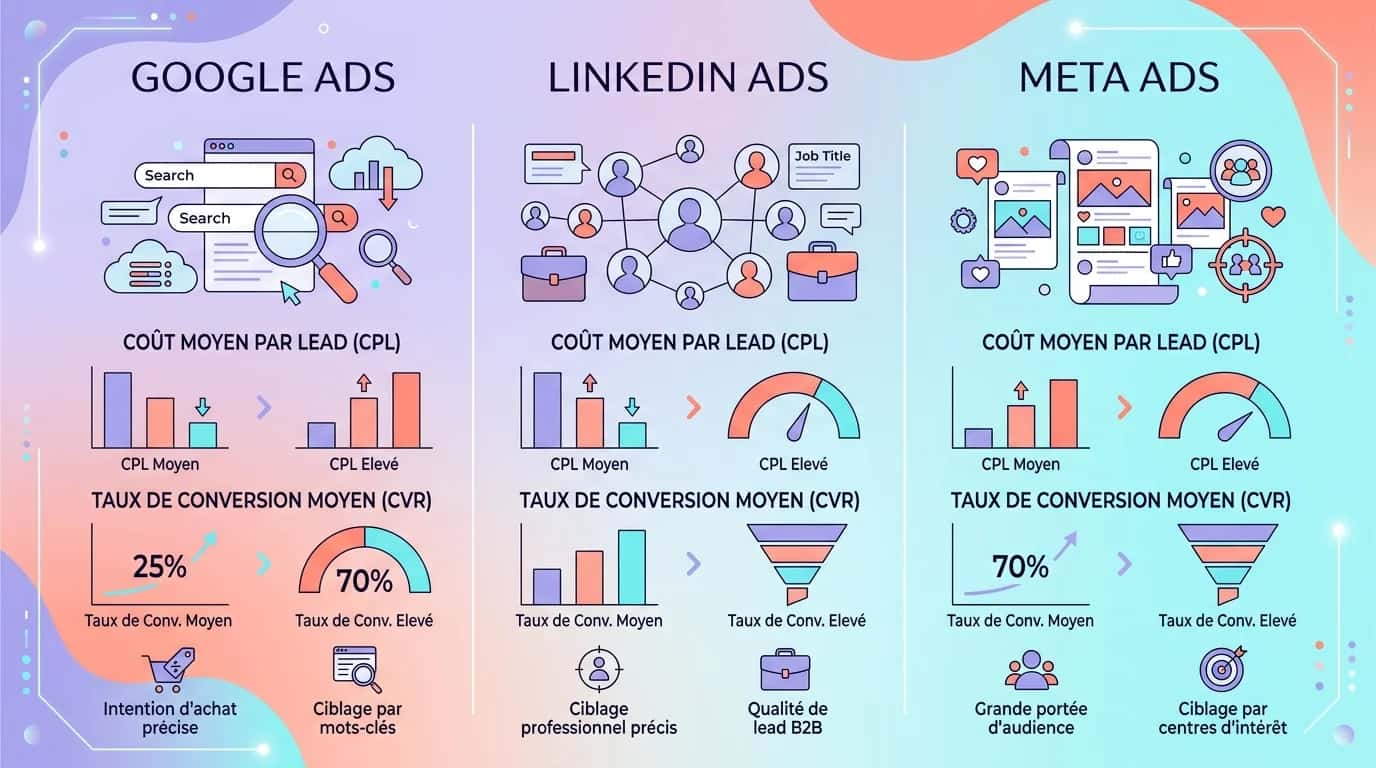 Visual comparison of Google Ads, LinkedIn Ads and Meta Ads for lead generation, showing costs and conversion rates