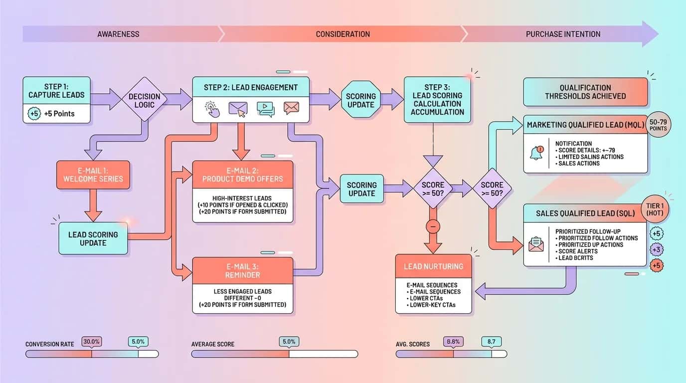 Marketing automation workflow showing lead-scoring stages, email sequences and qualification thresholds