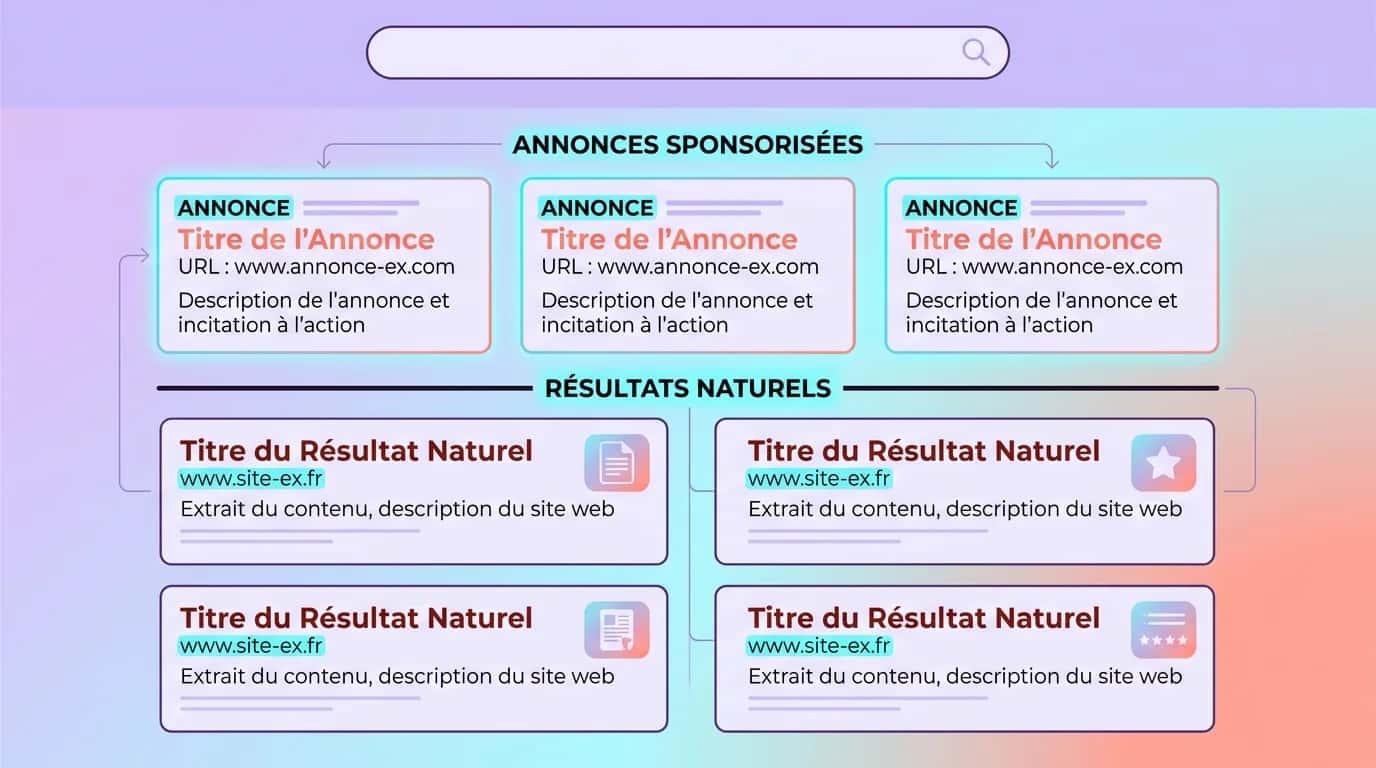 Diagram of a Google page with sponsored ads above organic results