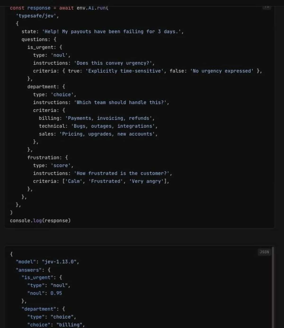 Exemple officiel de la fiche Cloudflare du modèle typesafe/jev : appel env.AI.run avec trois questions typées (is_urgent de type noul, department de type choice, frustration de type score) et début de la réponse JSON indiquant la version jev-1.13.0 et une probabilité d’urgence de 0,95.