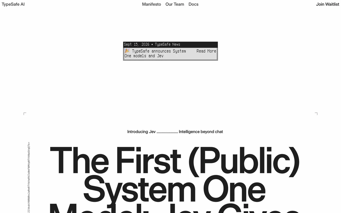 Accueil de typesafe.ai le 19 septembre 2026 : bandeau « TypeSafe announces System One models and Jev » daté du 15 septembre et titre « The First (Public) System One Model ».