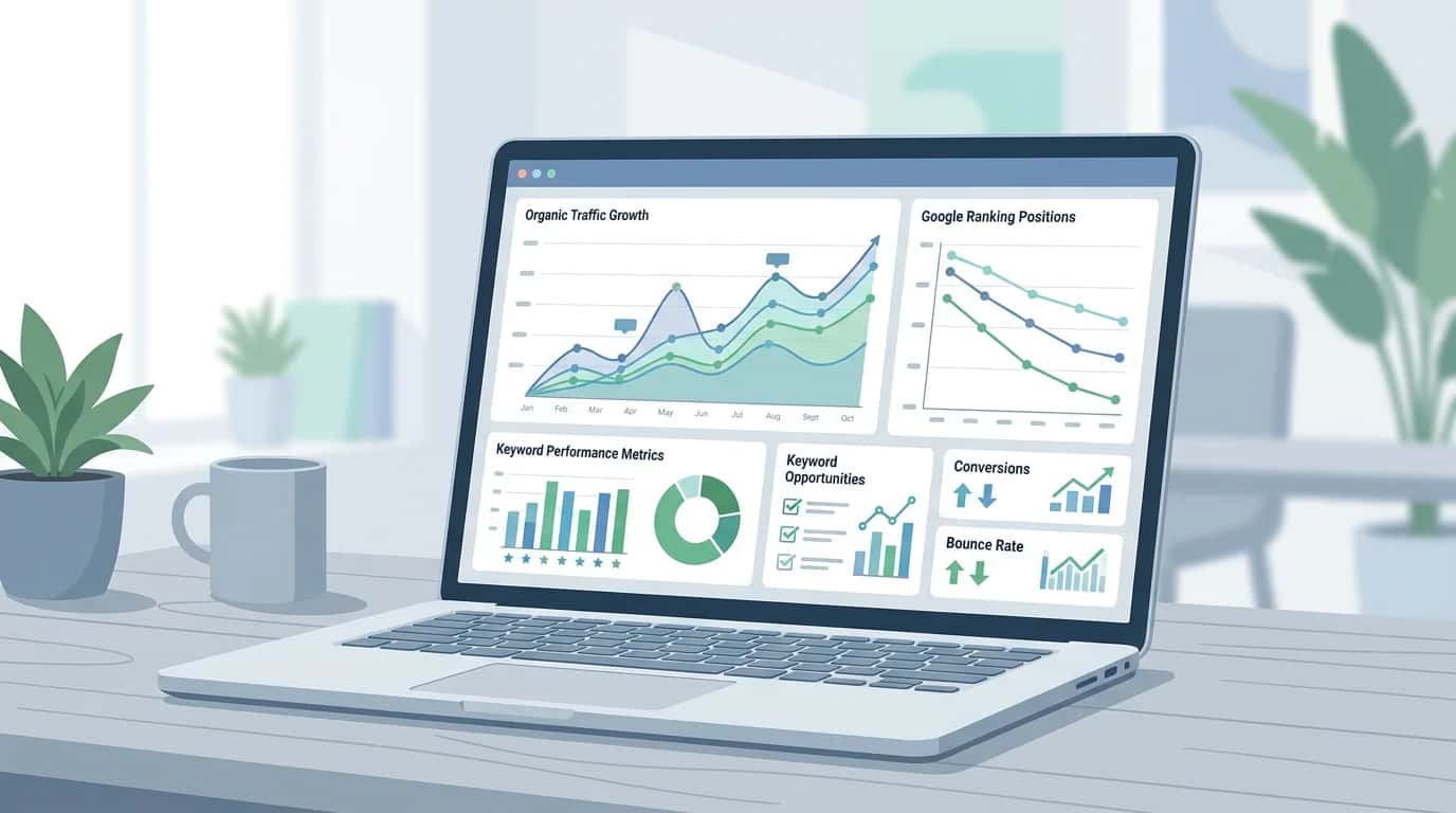 Professional SEO dashboard on a laptop showing organic traffic charts and a Google ranking report