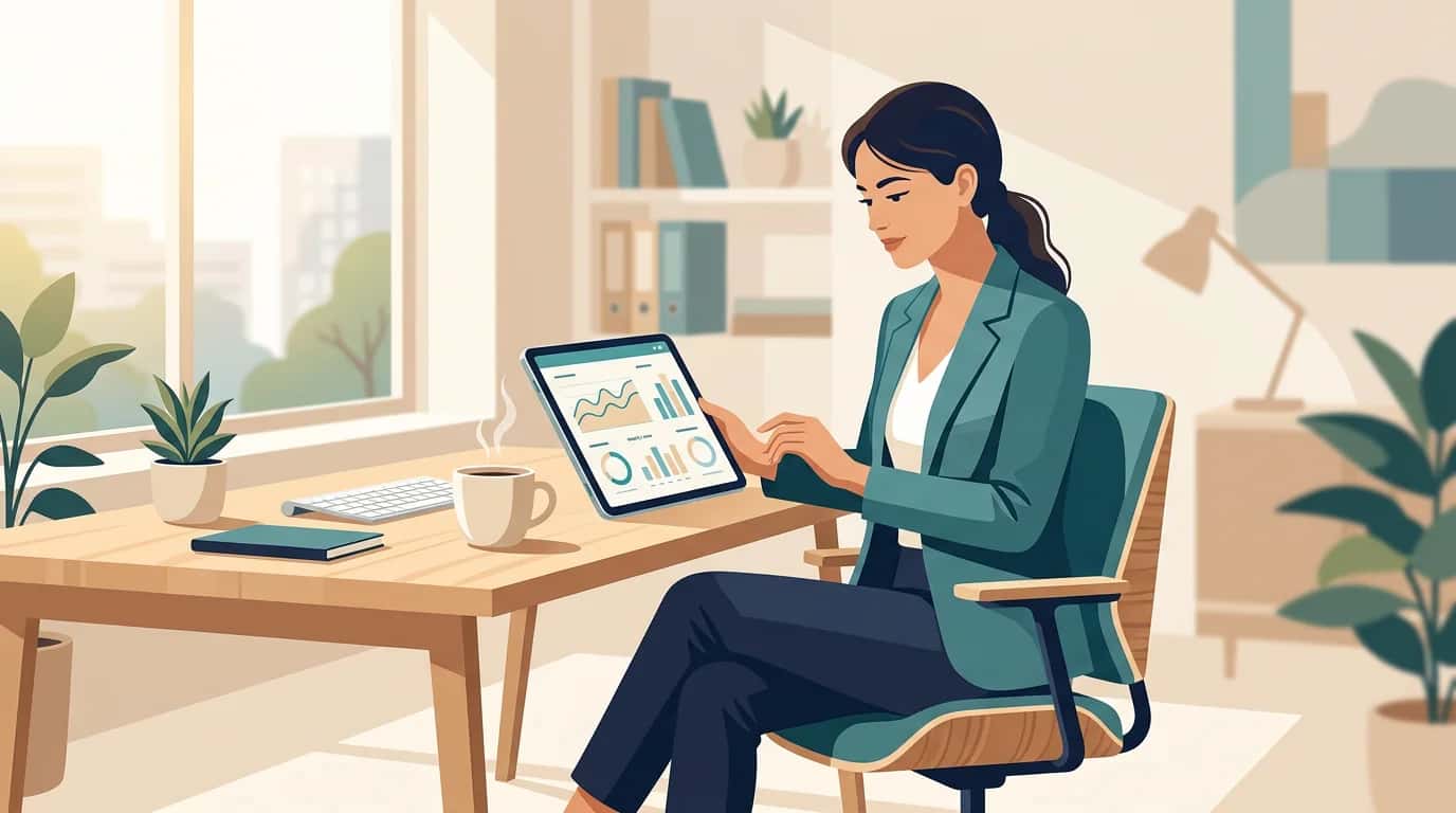 SME director reading an automated weekly SEO report on a tablet in a bright office beside a cup of coffee