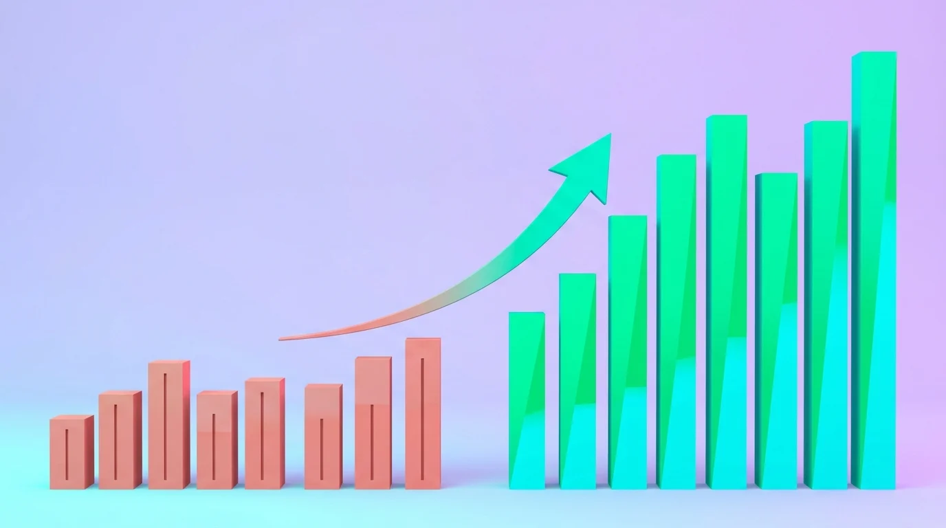 Bar chart showing sales growth before and after installing PrestaShop modules, with upward arrows on a pastel background