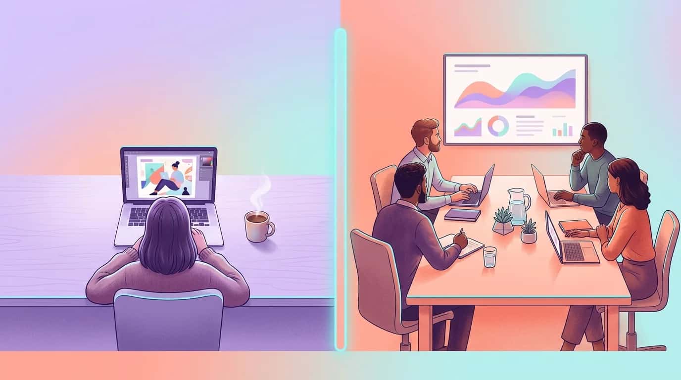 A visual comparison between a freelancer working alone and an agency team in a meeting