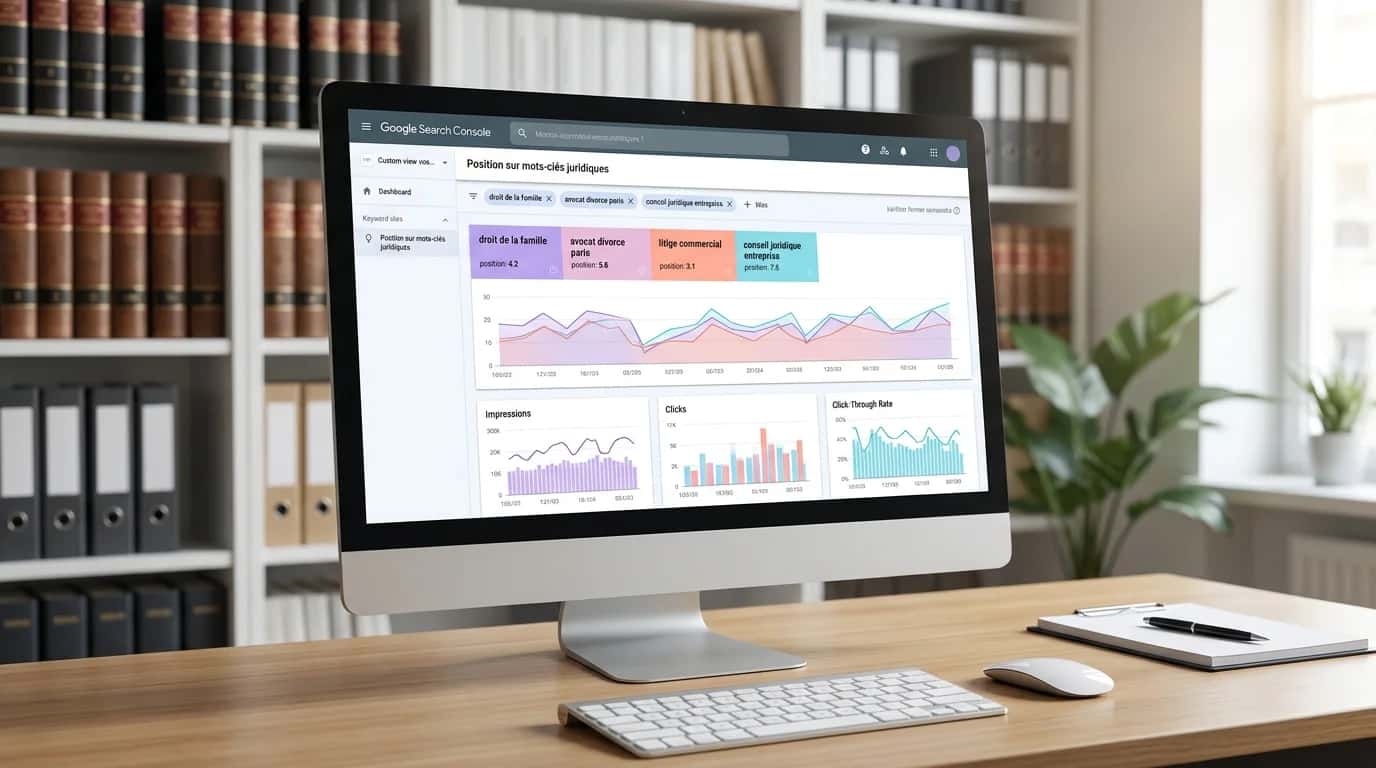 Law firm office with a screen showing Google Search Console and rankings for legal keywords