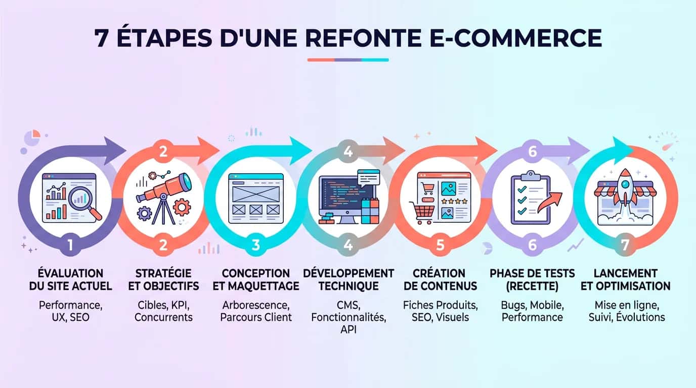 Diagram showing the seven stages of an ecommerce redesign with progress arrows from left to right, a white background and coloured icons