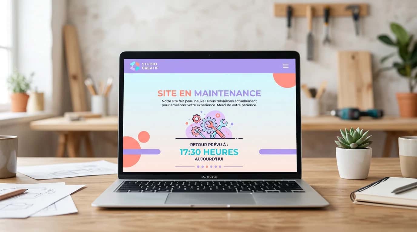 Well-designed maintenance page on a laptop screen, with a logo at the top, centred message and expected return time against a light studio background
