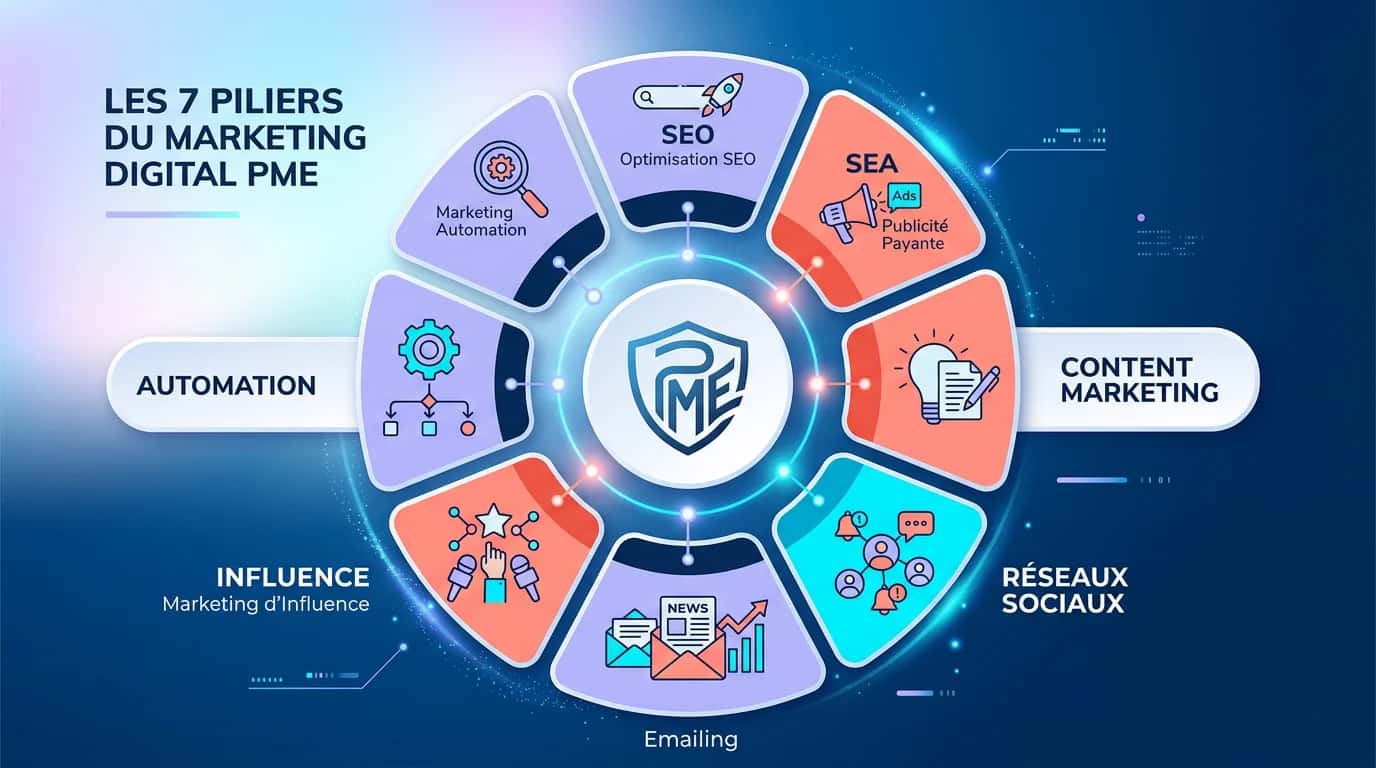 Diagram showing the seven pillars of digital marketing arranged in a circle around a central SME logo: SEO, paid search, content marketing, social media, email, influencer marketing and automation on a navy background