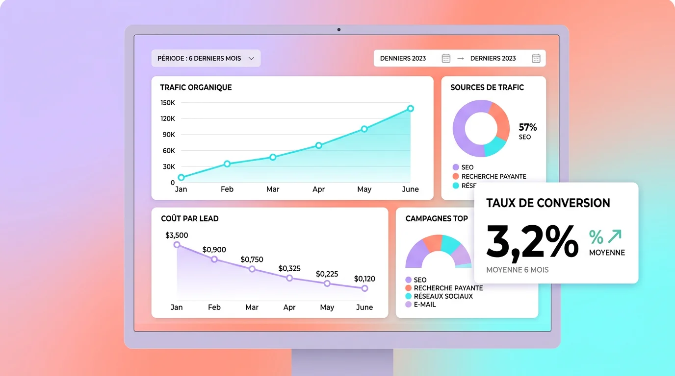 Digital marketing dashboard on a computer screen showing rising organic traffic, falling cost per lead and a 3.2% conversion rate across six months of data