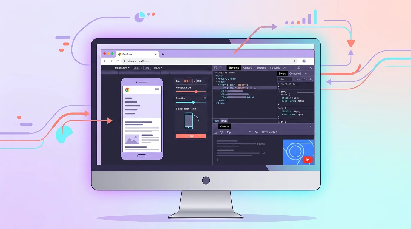 Computer screen showing Chrome DevTools in responsive mode with a website displayed as it would appear on a smartphone