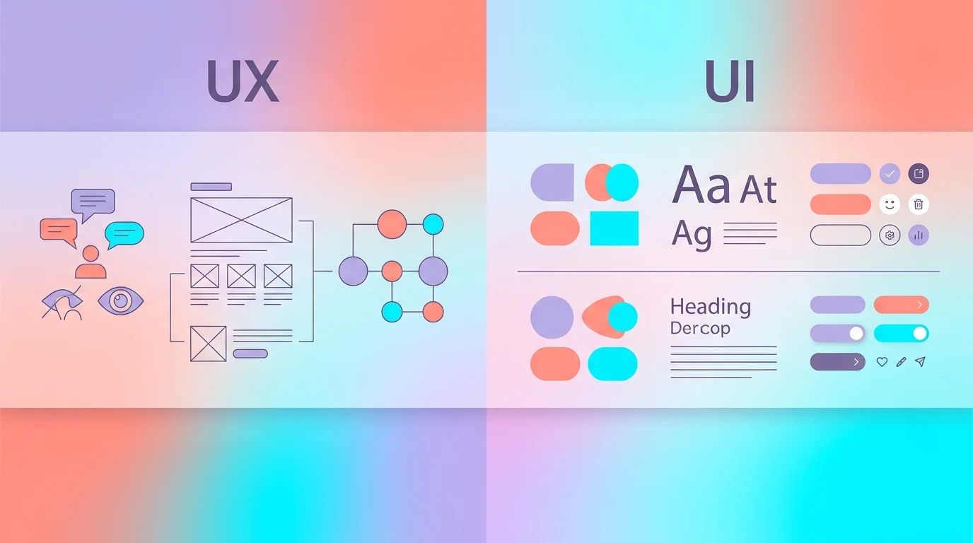 Comparison showing UX research, wireframes and user testing on the left, and UI colours, typography and visual components on the right
