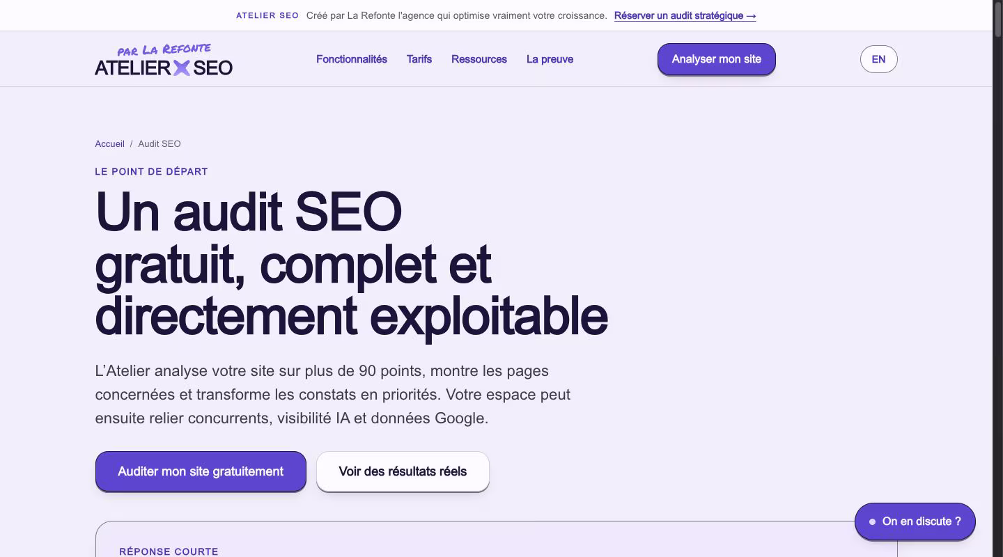 Landing page de l’Atelier SEO présentant son audit gratuit et son plan d’action
