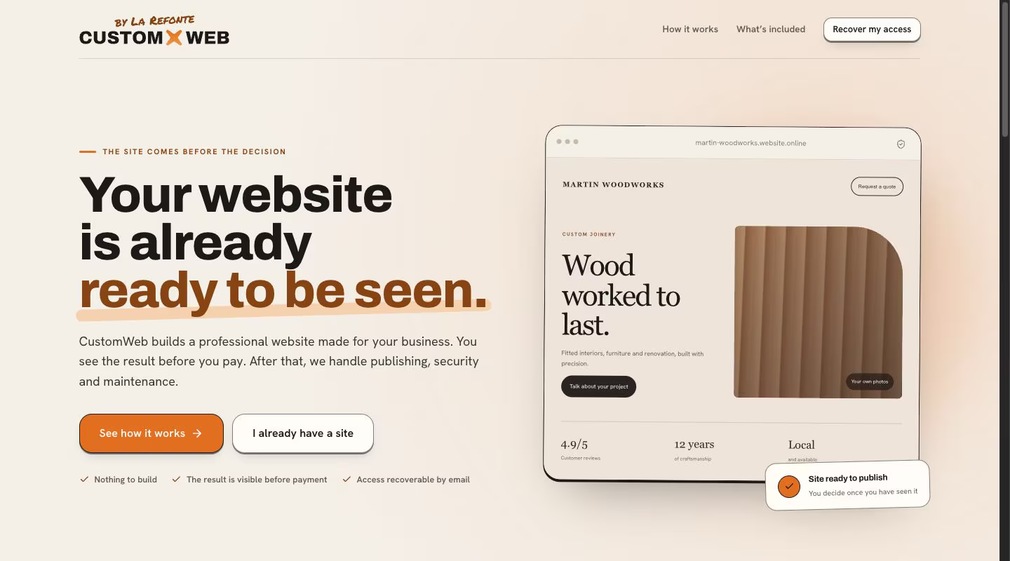 CustomWeb landing page showing a professional website prepared before the customer decides