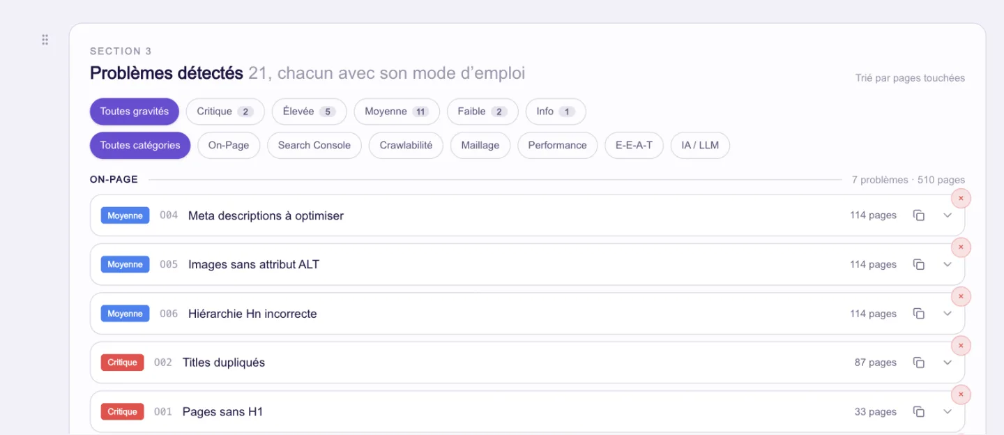 Section « Problèmes détectés » de l’audit technique : 21 problèmes classés par gravité (critique, élevée, moyenne, faible) et par catégorie, avec le nombre de pages touchées