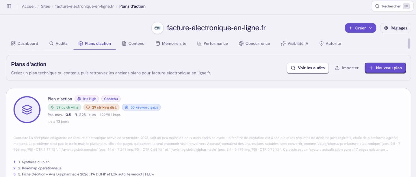 Plan d’action de l’atelier pour facture-electronique-en-ligne.fr : 39 quick wins, 29 requêtes en striking distance, 50 keyword gaps, position moyenne 13,5, contexte et roadmap opérationnelle