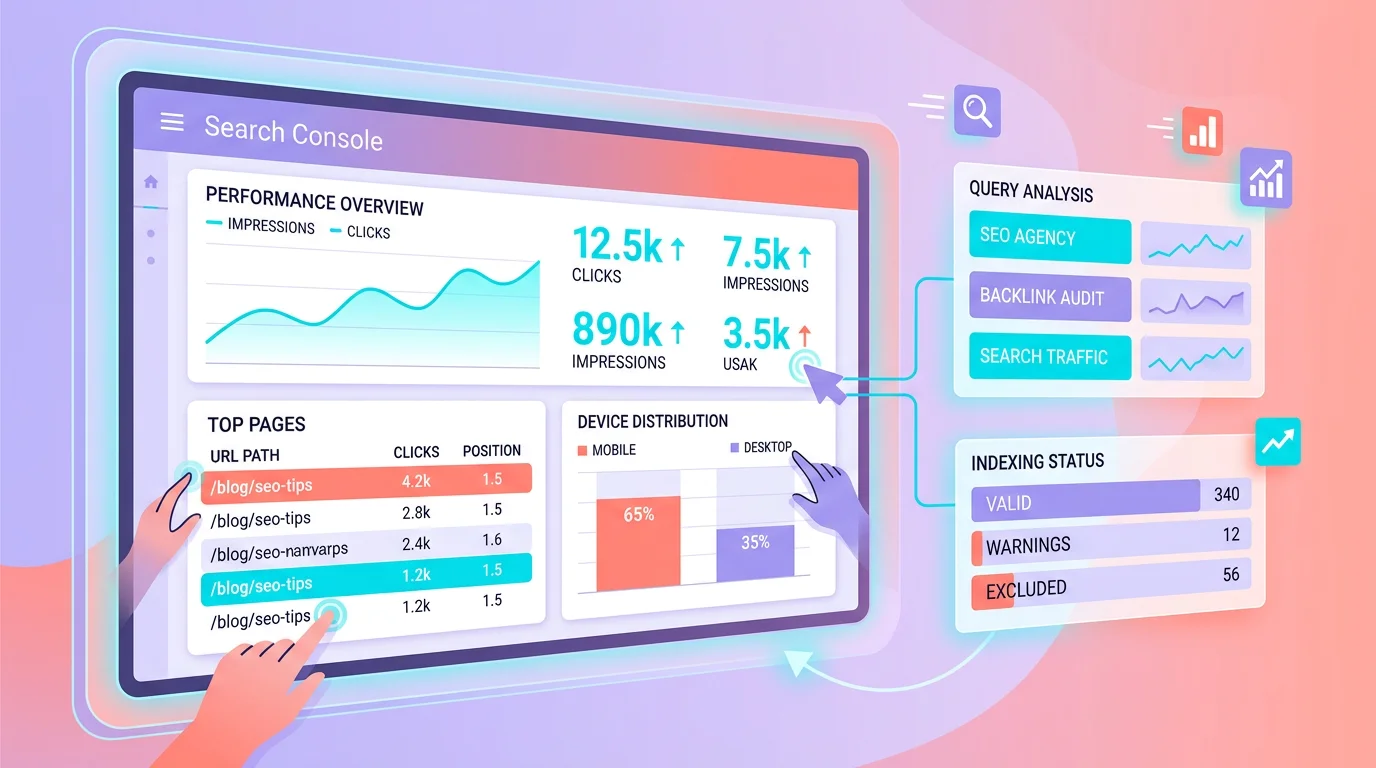 Équipe d'agence SEO analysant un tableau de bord Search Console sur un écran mural