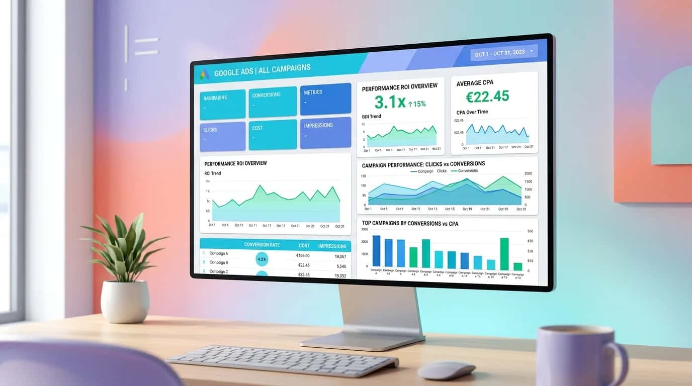 Modern office with a large Google Ads dashboard displaying ROI curves and blue and green CPA metrics